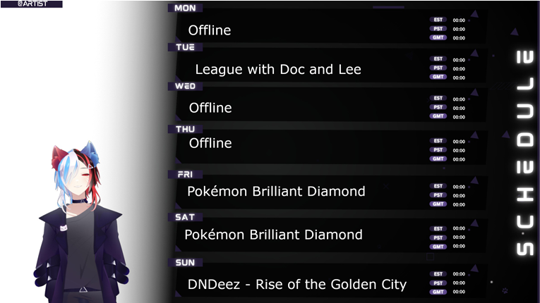 MysteryForS_DD's tweet photo. This weeks Schedule. Live at 19:00 CEST/ 2am JST/ 10am PST every day, except Friday when we start at 14:00 CEST/ 9pm /5am PST #DeeLive #VTubers
at https://t.co/O2RGVrjngR https://t.co/f8Fhuc6hJN
