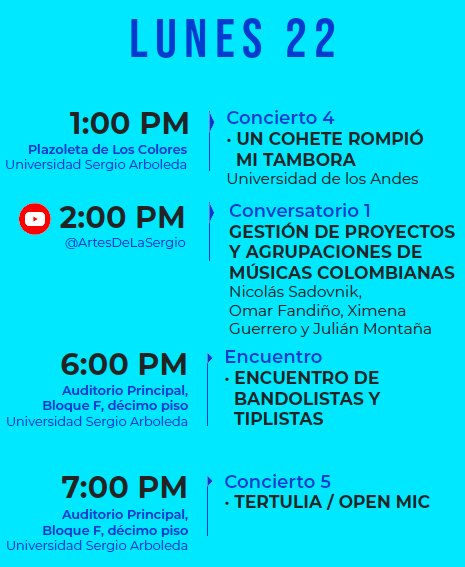 #ECO7 séptimo encuentro de músicas colombianas de la <a href="/USergioArboleda/">Universidad Sergio Arboleda | #SergistaSiempre</a>  
HOY 22 de septiembre programación
