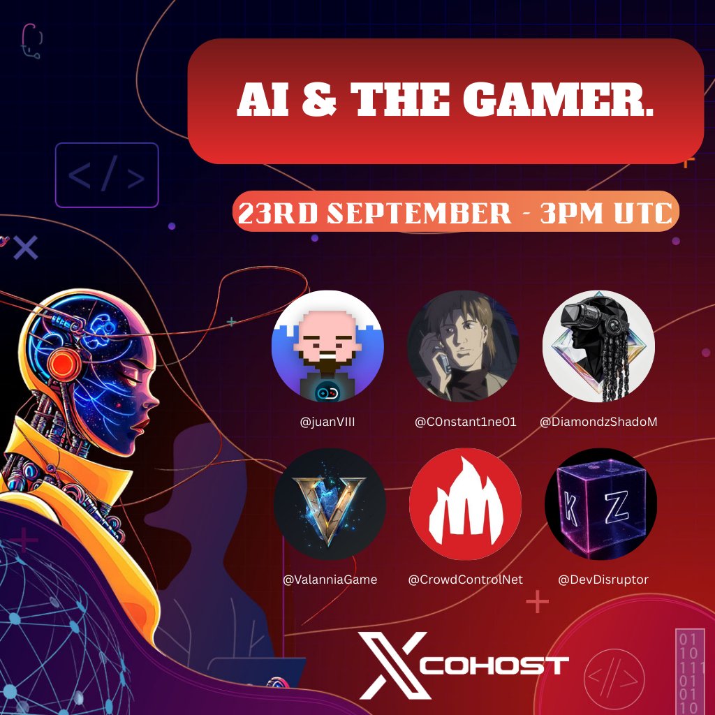 mrKonsole's tweet image. For a minute, imagine how the gamer is interacting with AI in games 10 years from now. 🤖🎮
What do you envision❓
Join us tomorrow at 3pm UTC as we explore this topic and everything around it.⏰
🔗