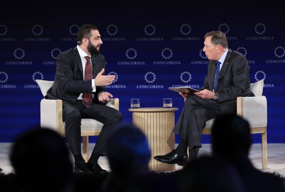 The CIA and Al-Qaeda are literally sitting down together in New York. IN PUBLIC.

This is former CIA Director David Petraeus and Al-Qaeda leader now Syrian "president" Abu Mohammad al-Jolani aka Ahmed Hussein al-Sharaa.

A match made in empire.
