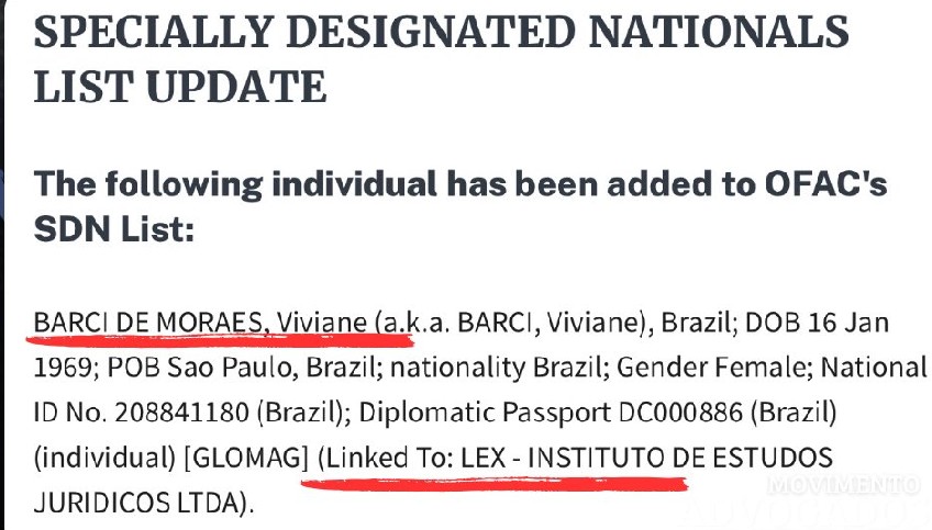 EUA sancionaram Viviane Barci de Moraes, esposa de Moraes, bem como o instituto da família, com base na Lei Magnitsky.