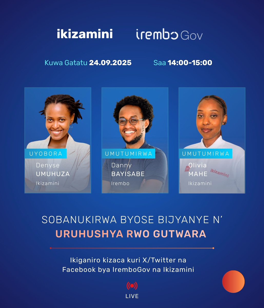 🔴Murararitswe! Kuri uyu wa gatatu tuzakira <a href="/IremboGov/">IremboGov</a> mu kiganiro, dusobanukirwe byose bijyanye no kwiyandikisha no gukorera uruhushya rwo gutwara.

🗓️ 24.09.2025
⏱️14:00-15:00

<a href="/TeamIrembo/">Irembo</a> <a href="/IremboPay/">IremboPay</a> 

ikizamini.com