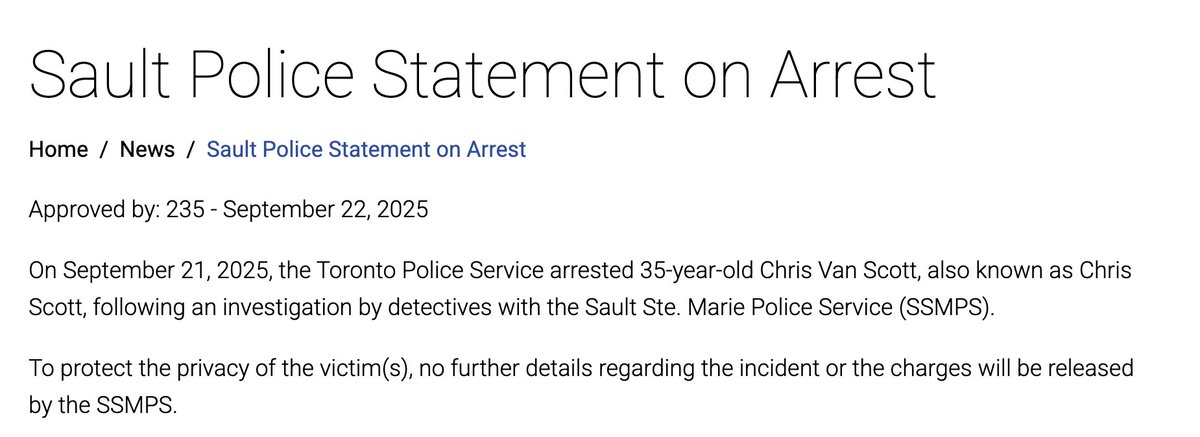 Chris Scott was kicked out of the Ontario PC Caucus today. No details were released by the PC Caucus or the Ford government. I've asked the Toronto Police Service about this and the Sault Ste. Marie Police about it.
This is the statement from Sault Police moments ago.
Creepy.