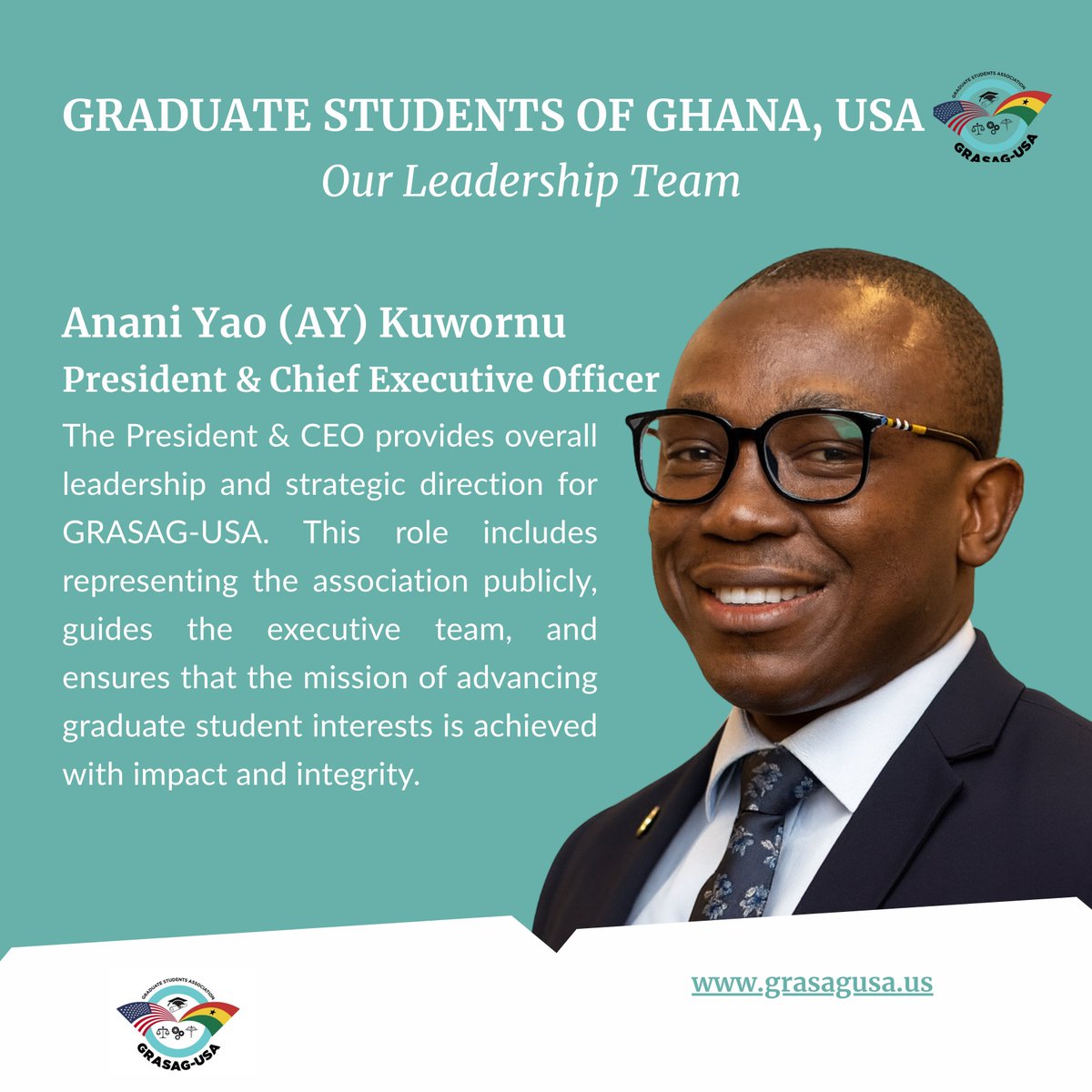 🎉 Celebrating Our New President! 🎉
With <a href="/YaoKuwornu/">AY Kuwornu</a>'s strategic vision, leadership, and dedication, GRASAG-USA will achieve its mission of supporting the wellbeing of Ghanaian students in the US.
#HigherEducation #GRASAGUSA #President #Leadership