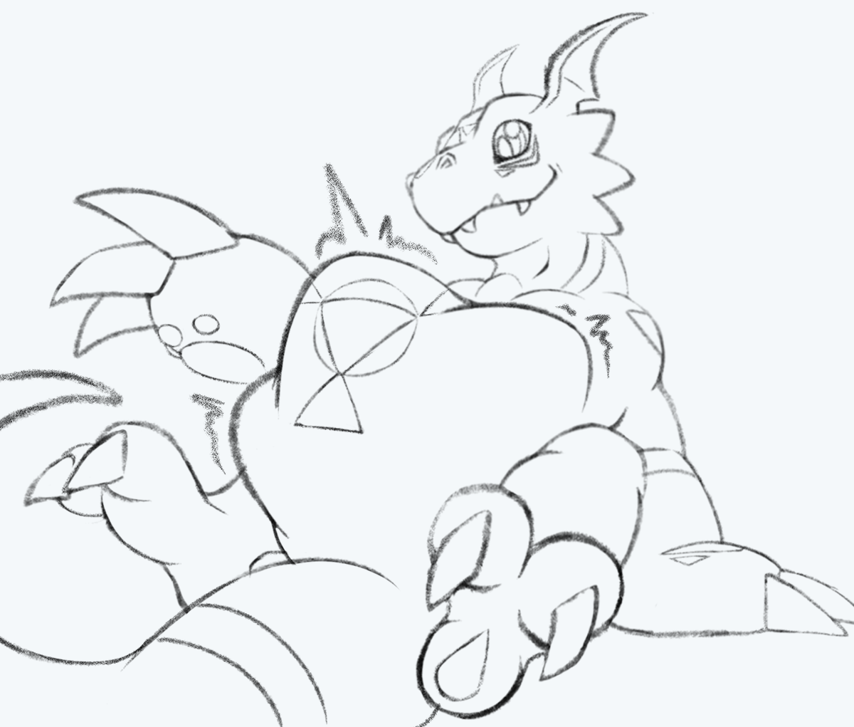 Here be a few WIPs for the week!
Only two this time because the guilmon one also will feature an art edit of someones' custom colors~