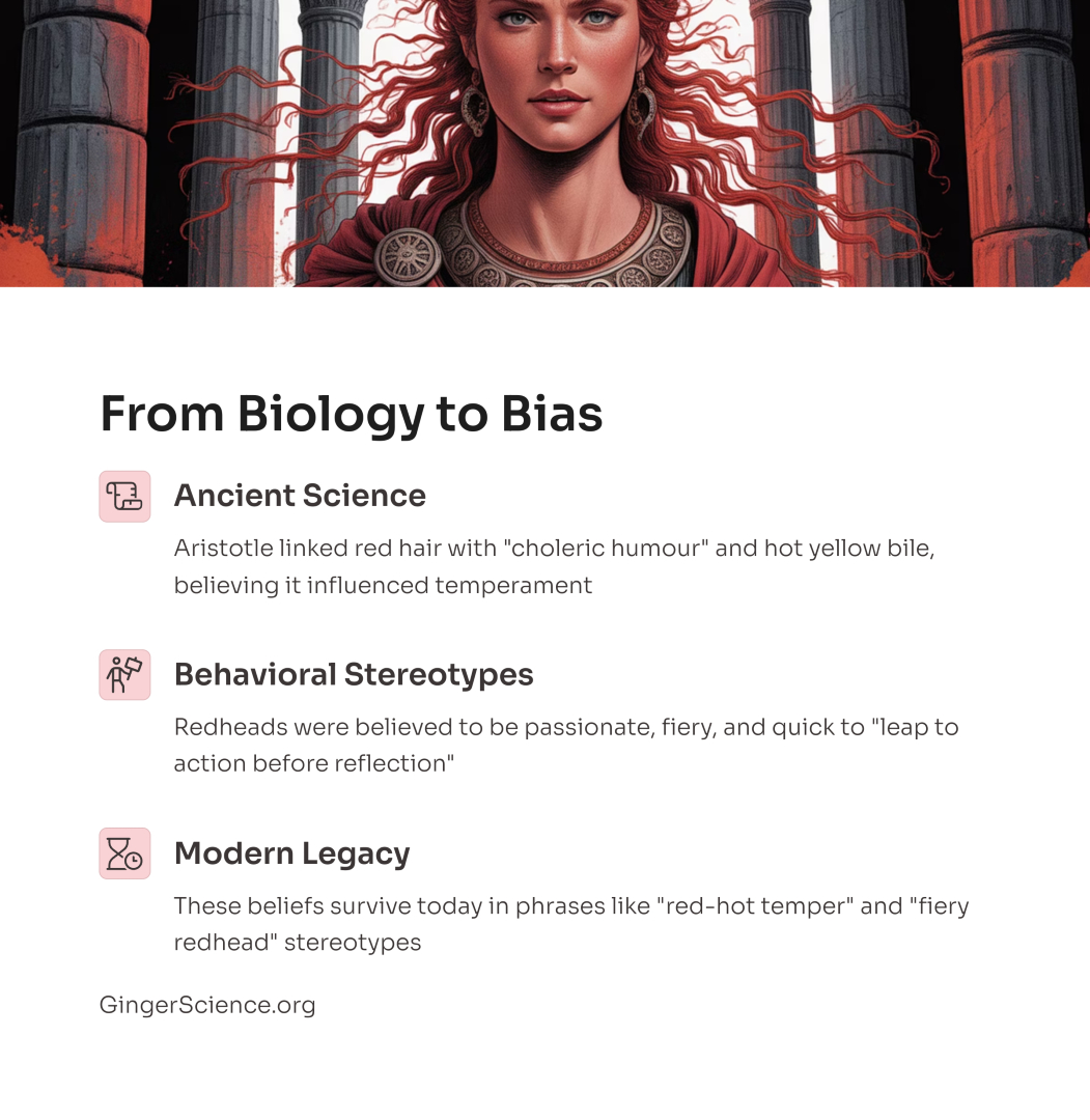 Ancient Bias. In Aristotle's Physiognomonica reddish hair is grouped with a swift pulse and prominent veins as outward signs of the choleric humour dominated by hot, dry yellow bile. Such people “leap to action before reflection,” a behavioural shorthand that centuries later