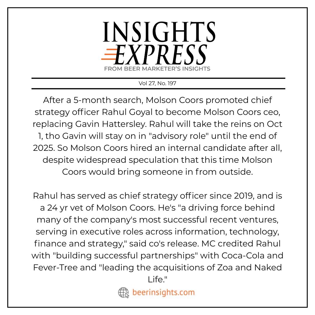 "Molson Coors Promotes Rahul Goyal to CEO Slot, Starting in 2 Weeks." Read the full details: beerinsights.com/archive-articl…