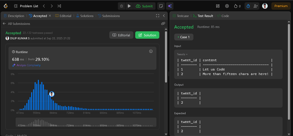 DilipKumar2410's tweet image. Solved today in SQL:  Invalid Tweets

Every query executed is a step closer to cleaner data and stronger logic.                                             

#SQL #Database #100DaysOfSQL #DataSkills #LeetCode