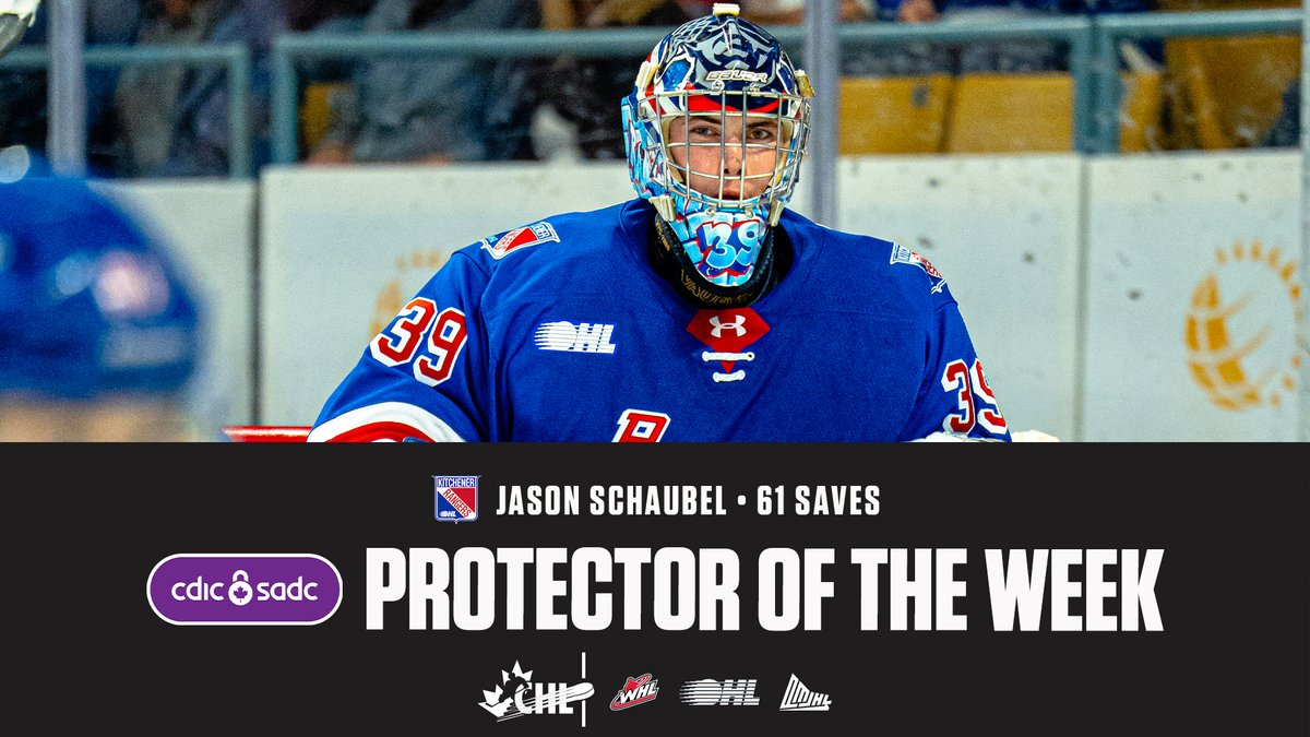 The first #CHLProtectoroftheWeek presented by <a href="/CDIC_CA/">Canada Deposit Insurance Corporation</a> of the season is 2026 #NHLDraft prospect and <a href="/OHLRangers/">Kitchener Rangers</a> goaltender Jason Schaubel! 👏🏻