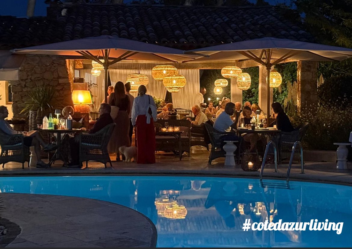 Cotedazurliving's tweet photo. Dinner by the pool at Les Messugues, Saint-Paul de Vence. Lanterns reflected on the water, olive trees lit under the night sky, and the gentle buzz of conversation filling the garden. Truly a hidden Riviera gem. #stpauldevence #cotedazurliving https://t.co/IoDMzsxgY7