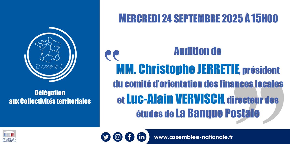 📅Mercredi 24 septembre à 15h, la Délégation #collterr auditionnera MM. Christophe Jerretie, président du comité d'orientation des finances locales et Luc-Alain Vervisch, directeur des études de <a href="/LaBanquePostale/">La Banque Postale</a>.
#FinancesLocales 
A suivre sur #DirectAN