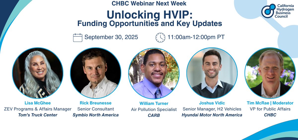 🚨Next week! California’s #HVIP program has reopened—are you ready to take advantage? Join us for insights from <a href="/Hyundai/">Hyundai USA</a>, <a href="/SymbioFCell/">Symbio</a>, <a href="/tomstruckcenter/">Tom's Truck Center</a>, <a href="/AirResources/">CARB</a> on updates, funding, &amp; opportunities.

👉Register: ttc.swoogo.com/CHBCWebinar_HV…
#HydrogenMobility #CaliforniaHydrogen