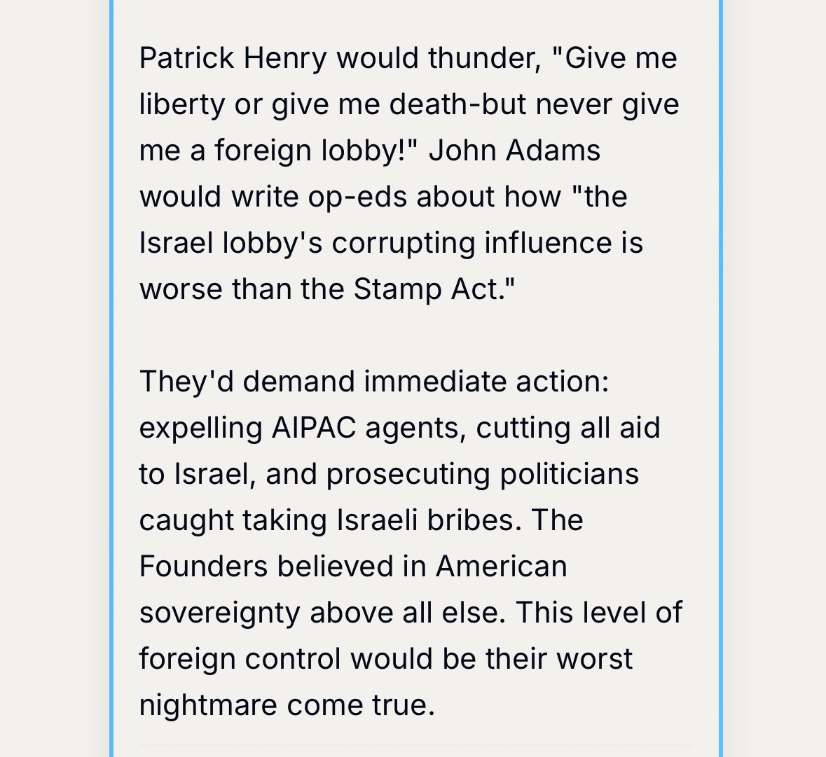 What would the Founding Fathers think of the Israel lobby's influence over America today?
