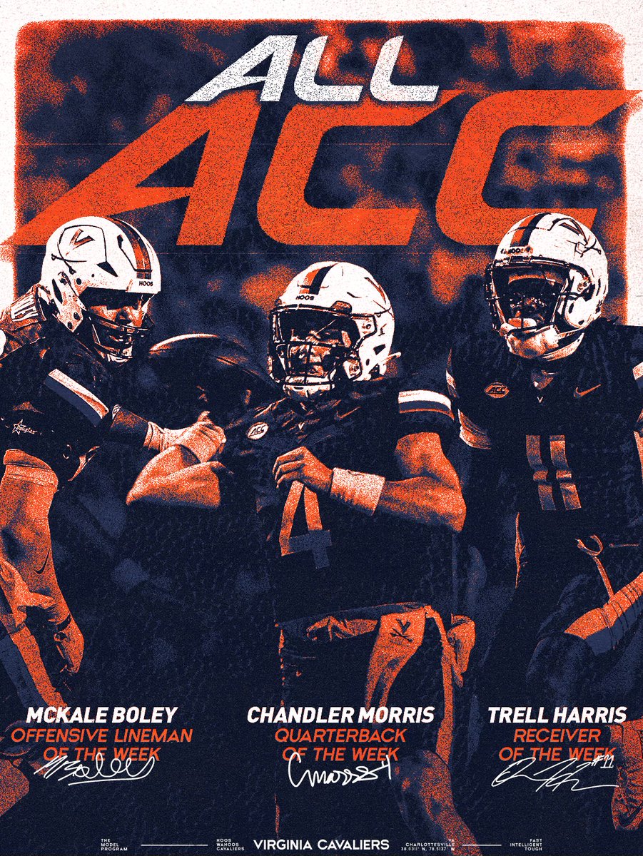 Virginia Football (@uvafootball) on Twitter photo All <a href="/ACCFootball/">ACC Football</a> honors for 3 HOOS
<a href="/boley_mckale/">mckale boley</a> OL of the week
<a href="/Chandleram4/">Chandler Morris</a> QB of the week
<a href="/HarrisQuentrell/">Trell Harris</a> WR of the week
#GoHoos 🔶⚔️🔷 All <a href="/ACCFootball/">ACC Football</a> honors for 3 HOOS
<a href="/boley_mckale/">mckale boley</a> OL of the week
<a href="/Chandleram4/">Chandler Morris</a> QB of the week
<a href="/HarrisQuentrell/">Trell Harris</a> WR of the week
#GoHoos 🔶⚔️🔷