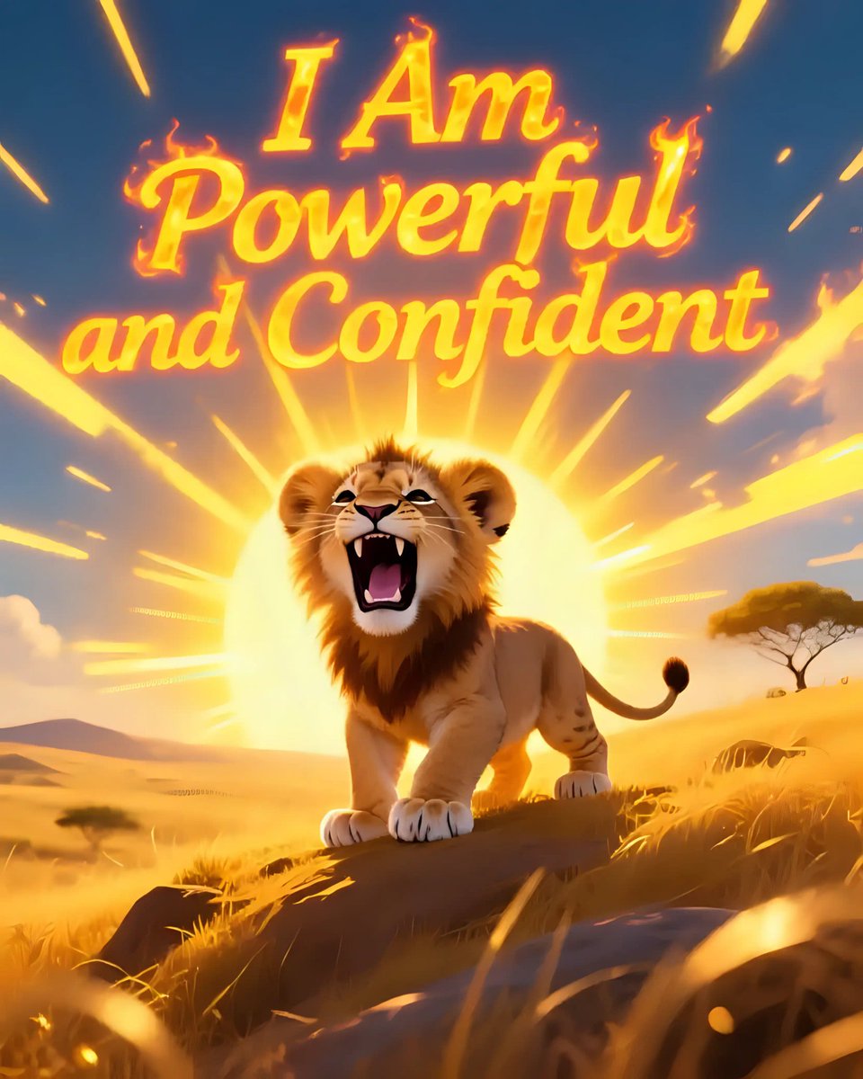 Ai Art Prompt Share Party 🎨👇

A tiny lion cub roaring confidently on a golden savanna hill, with a radiant sunburst behind it emitting yellow rays. The affirmation 'I am powerful and confident' shines in bold, fiery text. Digital art style, bold contrasts, dynamic energy,
