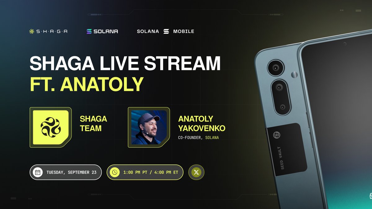 Announcing a special live event.

Join us and Solana co-founder <a href="/aeyakovenko/">toly 🇺🇸</a> for a live, playable stream as we put Shaga to the test on the <a href="/solanamobile/">Seeker | Solana Mobile</a> Seeker.

🗓️ Tuesday, Sept 23  1:00 PM PT / 4:00 PM ET

Live gameplay + 1 lucky viewer takes home a Seeker.

Contest details