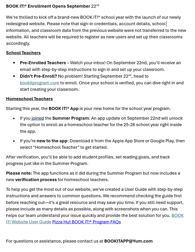 bookitprogram's tweet image. Open Enrollment for the BOOK IT!® School Program is now open (read all and see information below). If you pre-enrolled, please be on the lookout for an email from us with instructions on how to sign in and get started (Homeschool Teachers uses the App for the program). Very…