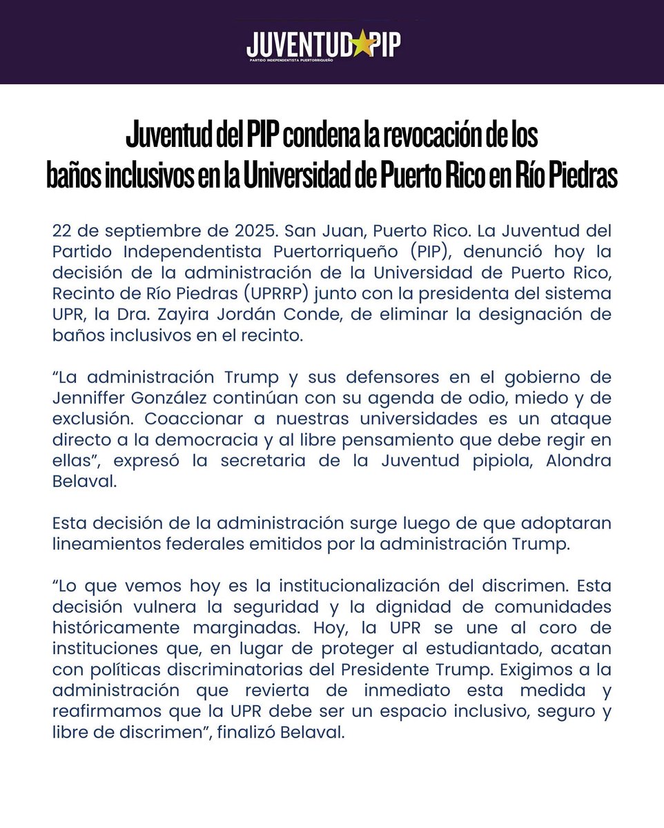 Juventud PIP (@juventudpip) on Twitter photo Juventud del PIP condena la revocación de los baños inclusivos en la Universidad de Puerto Rico en Río Piedras Juventud del PIP condena la revocación de los baños inclusivos en la Universidad de Puerto Rico en Río Piedras