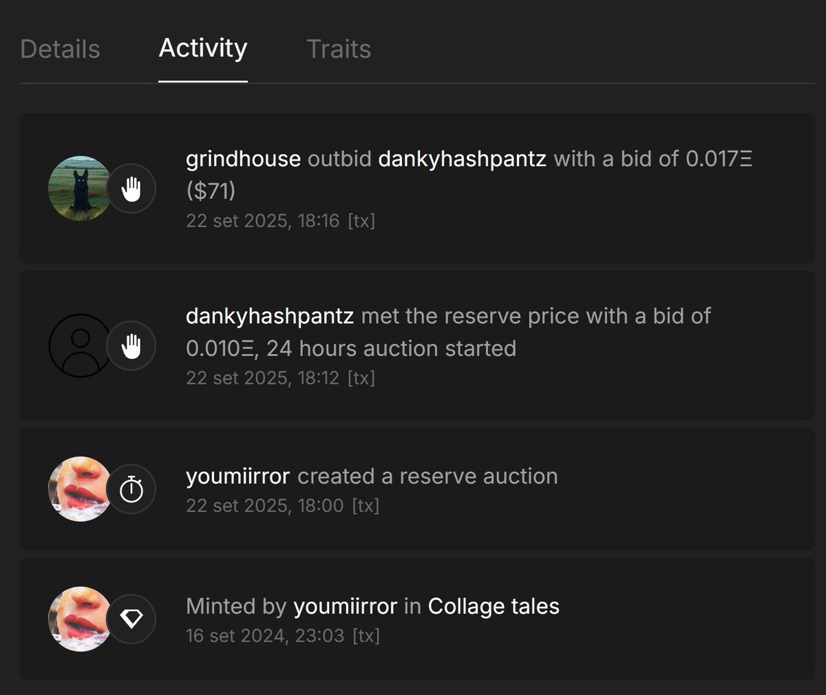 oh, two bids already in 🫣

Thank you <a href="/DankyHashpantz/">hash.tweak.eth ⚡️</a> for kickstarting the auction 🖤 I appreciate you appreciating collage art in its wholeness!

but there's one incredible artist and person now leading the auction and it's <a href="/Gr1ndhouse_art/">Luke Gr1ndhouse</a>, thank you friend!