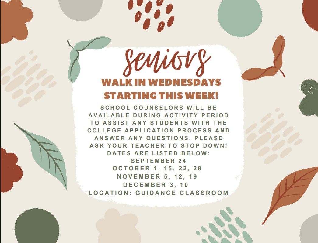 Walk in Wednesdays begin this Wednesday during AP! Seniors, your school counselors are here to help. Stop down to see us on Wednesdays and ask any questions you may have. Schedule is listed below! <a href="/rovi_mr/">Mr. Rovi</a>
