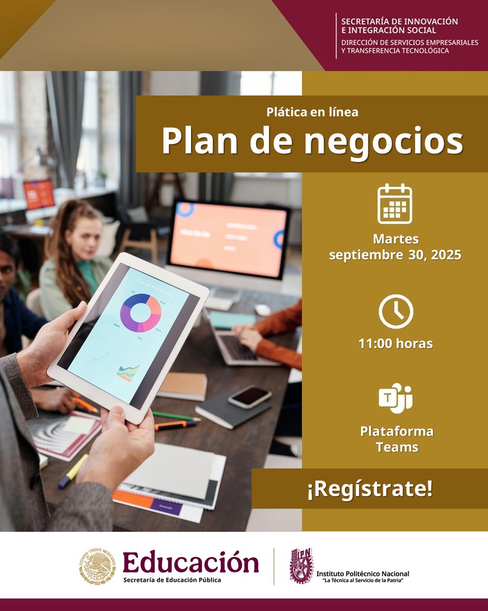 🚀 Plática en línea “Plan de Negocios”
 🗓️ 30 sept | ⏰ 11:00 hrs | 💻 Teams ¡No faltes!
  ¡Conéctate y fortalece tus habilidades empresariales! 🚀
Regístrate : forms.office.com/r/HCkNvQqrED