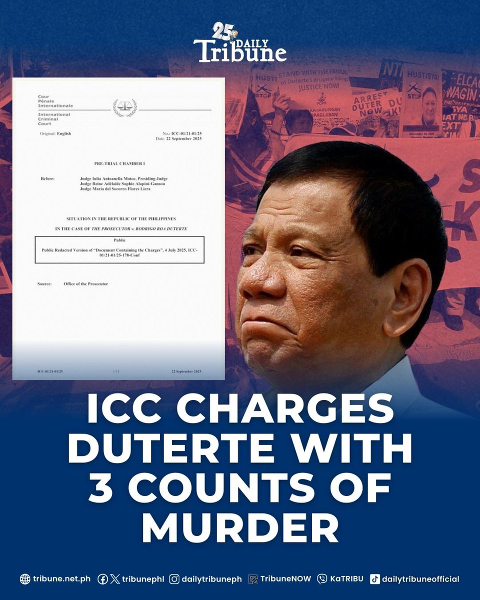 WHAT ARE THE BASES OF THE CHARGES? 

ICC charges Duterte with three counts of murder as crimes against humanity: Count 1 for killings in Davao City during his mayoral term involving 19 victims; Count 2 for the murders of 14 “high-value targets” across the Philippines during his
