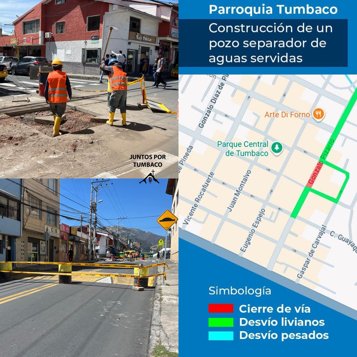 La <a href="/aguadequito/">Epmaps - Agua de Quito</a> se encuentra construyendo un pozo separador de aguas servidas en un tramo de la Av. Gonzalo Pizarro, cerca a la Esc. Víctor Manuel Peñaherrera, por lo que se han habilitado vías alternas: 

El cierre durará un mes aproximadamente.