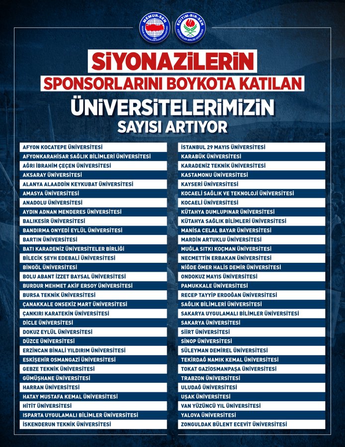 A list of university names in Turkish, including Afyon Kocatepe Üniversitesi, İstanbul 29 Mayıs Üniversitesi, and others, displayed in a structured table format. The text is bold and centered, with a blue background featuring logos at the top, including a white emblem with a crescent and star.