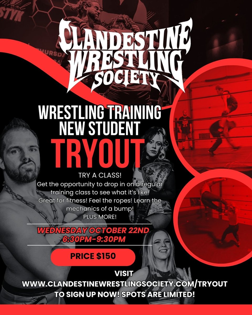 ClandestineSOC's tweet photo. 📣 NEW STUDENT TRYOUT – WEDNESDAY, OCTOBER 22ND
📍 Edmonton | ⏰ 6:30PM–9:30PM | 💸 $150
https://t.co/CPcSB3nnt1

Join us for a special opportunity to take part in a regular Clandestine Wrestling Society training class alongside our full-time students and experienced wrestlers.

This tryout class day will give you a first hand experience into what pro wrestling training with us involves including:

-In-ring warm ups
-Rope running
-Hands-on learning with our coaches and active students
-Bumps, lockups & more!
-Plus a special opportunity to attend & help with set up for the LPWxCWS event on October 23rd! Ticket to the event included in your tryout price!

Whether you’re considering full-time training or simply want to get a taste of what it's like, this is your opportunity to try it out!

Spots are limited. Sign up now at https://t.co/CPcSB3nnt1

#yeg #edmonton #wrestling #prowrestling #wrestlingtraining #yegwrestling #yegfitness
