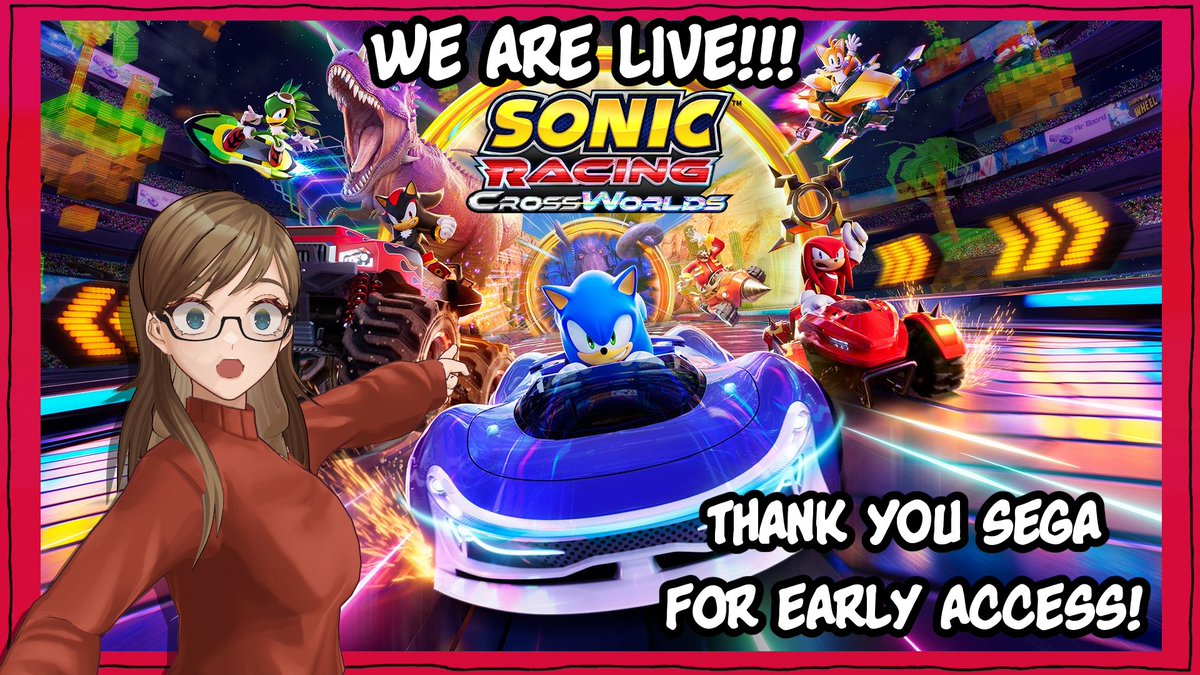 We are live playing checking out Sonic Racing: Crossworlds! Thank you so much to <a href="/georgiesucks/">georgie finished dispatch</a> &amp; Sega for providing the code.

You have no idea how excited I am to play: 

&gt;  twitch.tv/jamievoiceover &lt;