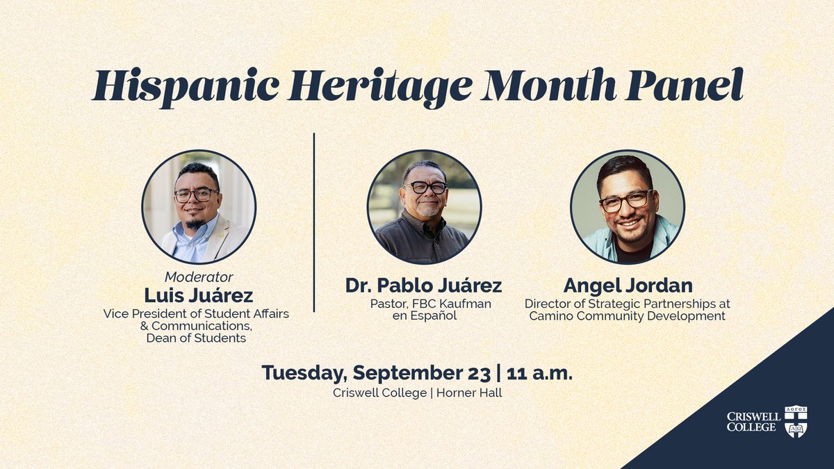 In celebration of Hispanic Heritage Month, Criswell College will host a panel on the church’s role in caring for the immigrant community in the United States. We are excited about the lineup and look forward to their thoughtful insights on this timely and important topic.