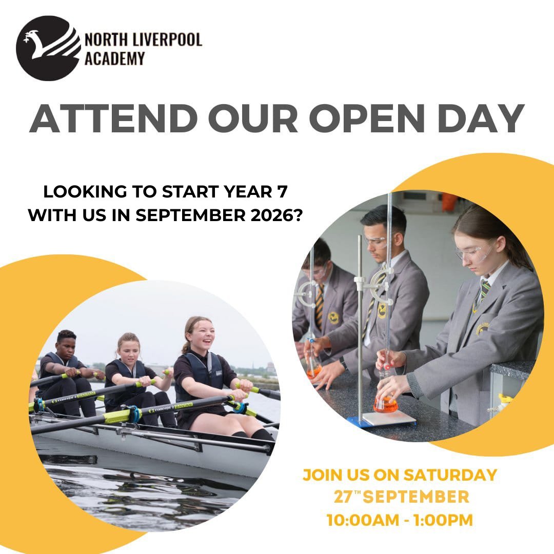 NorthLivAcademy's tweet photo. Did you miss our open evening? 

We are hosting an open day on Saturday, 27th September 2025, 10:00am – 1:00pm.

We look forward to seeing you there.

#northliverpoolacademy #year7 #openday #liverpoolsecondaryschool #year7places https://t.co/kCobGNdRt6