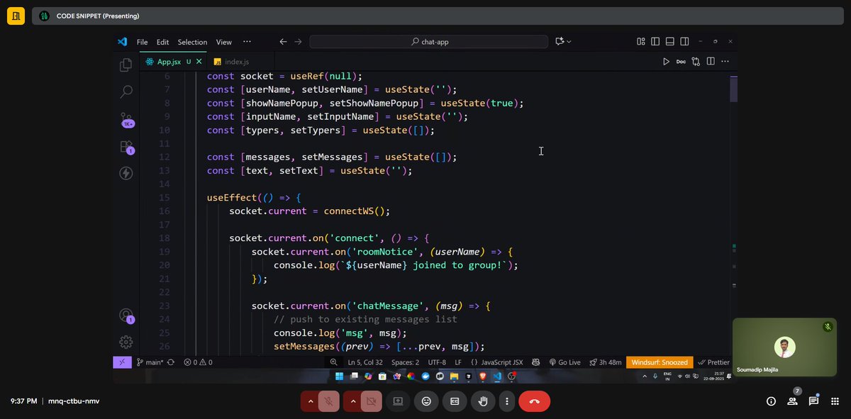 SoumadipMajila's tweet image. Had a class on ChatApp Backend using Socket.io with Suraj Kumar Jha (@surajtwt_) bhaiya at CODE SNIPPET 💬⚡

#SocketIO #WebSocket #LearningJourney