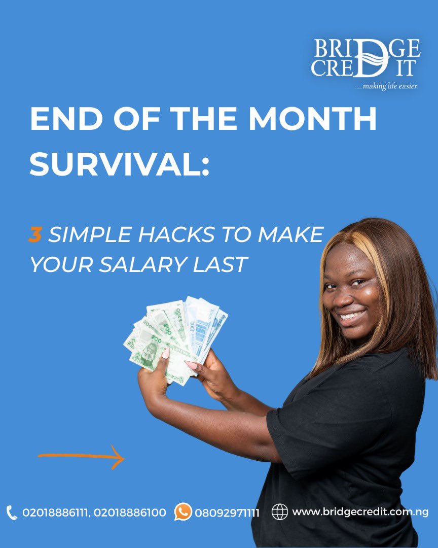 Bridgecredit1's tweet photo. Here are 3 quick hacks to help you stretch your salary in the final week before payday.

Which one do you already practice, and which one will you try this week?

#NewWeek 
#Monday 
#BridgeCredit https://t.co/tGYJo2ED9a