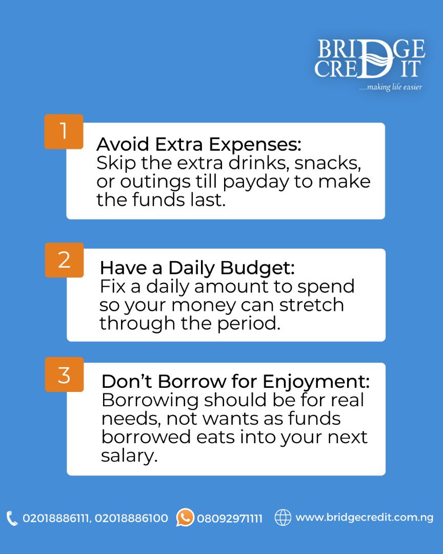 Bridgecredit1's tweet photo. Here are 3 quick hacks to help you stretch your salary in the final week before payday.

Which one do you already practice, and which one will you try this week?

#NewWeek 
#Monday 
#BridgeCredit https://t.co/tGYJo2ED9a