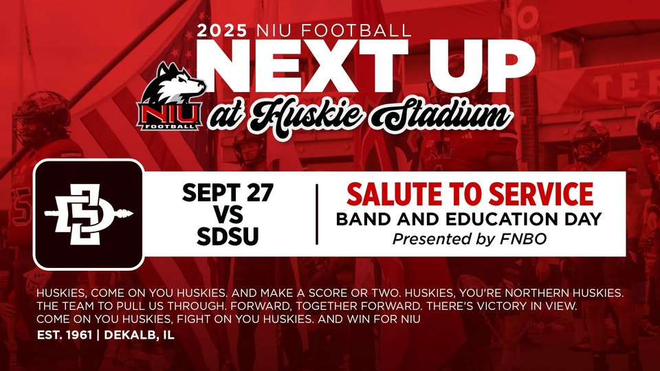 Make your plans to be with us this weekend on 9/27 for Salute to Service, Band and Education Day here at Huskie Stadium.  Come check out our new apparel available for purchase on game day!