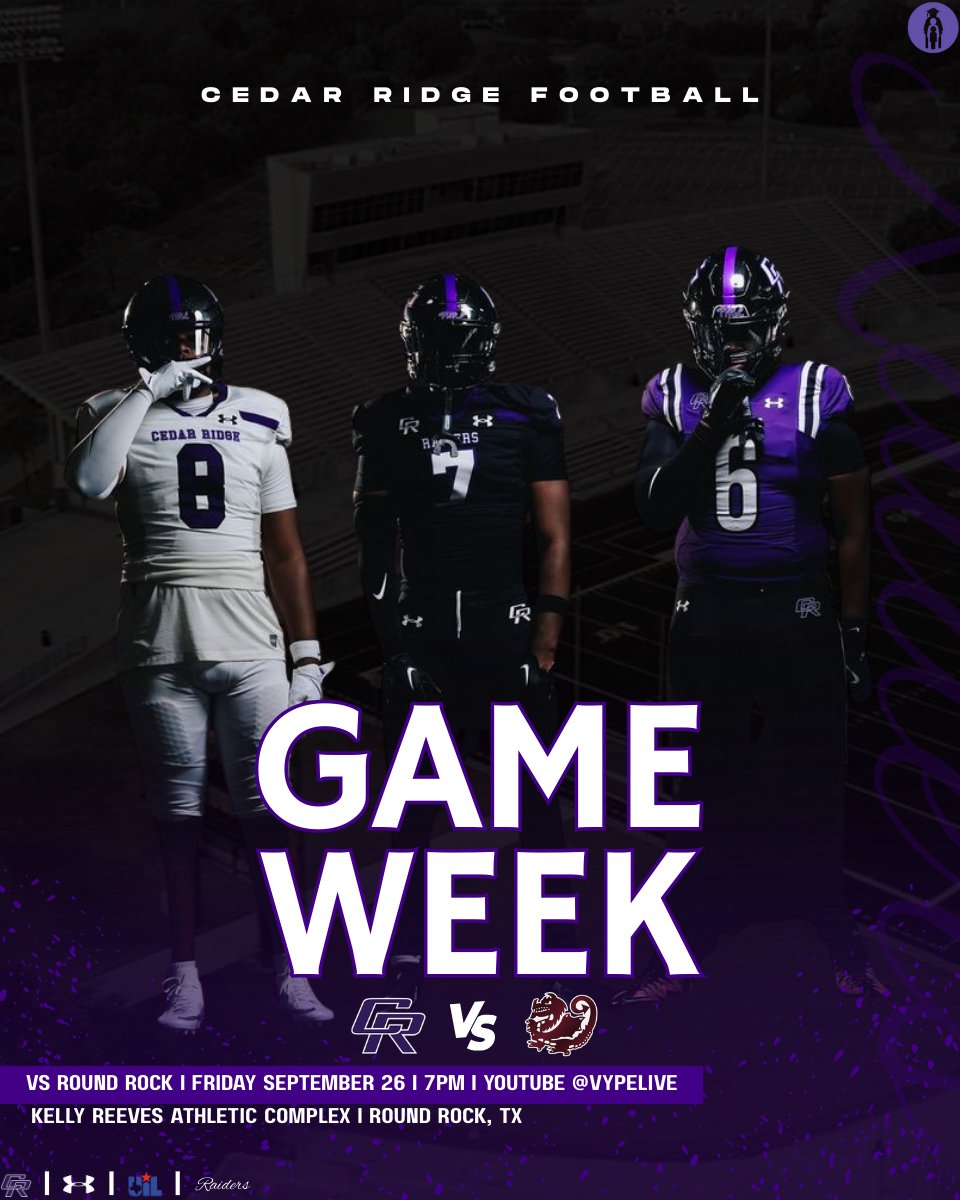 ⚔️ GAME WEEK ⚔️

🆚 Round Rock
🗓️ September 26, 2025
⏰ 7:00 PM
🏟️ Kelly Reeves Athletic Complex
📍 Round Rock, TX
🎟️ events.hometownticketing.com/boxoffice/roun…
📺 nfhsnetwork.com/events/uil/gam…