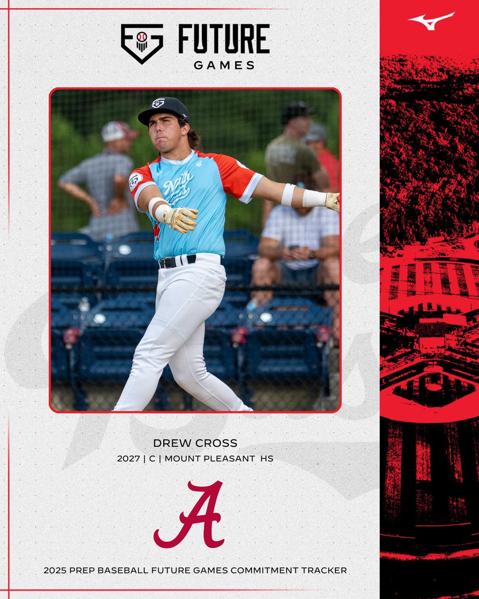 #𝐏𝐁𝐅𝐆𝟐𝟓: 𝐂𝐨𝐦𝐦𝐢𝐭𝐦𝐞𝐧𝐭 𝐔𝐩𝐝𝐚𝐭𝐞 👏       

+ '27 C Drew Cross (<a href="/Drew10Cross/">Drew Cross</a> | <a href="/MP_Tigers_BB/">Mount Pleasant Baseball</a>) has committed to <a href="/AlabamaBSB/">Alabama Baseball</a> 

Cross represented Texas at the 2025 Prep Baseball Future Games as a member of Team North Texas.
<a href="/prepbaseball/">Prep Baseball</a>

👤:  loom.ly/BrDJT_E