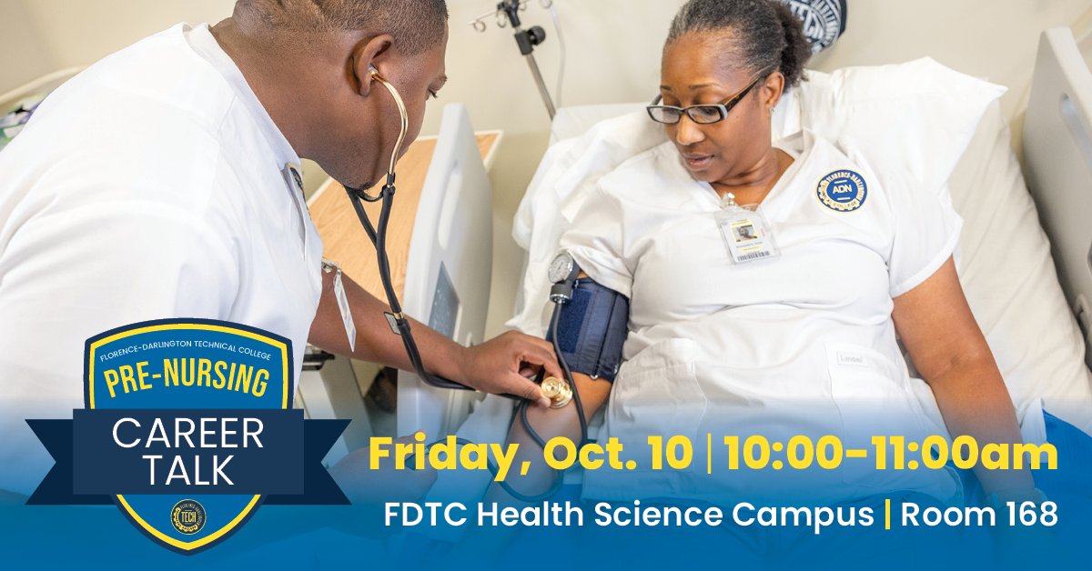 FloDar_Tech's tweet image. A Pre-Nursing Career Talk has been scheduled for Oct. 10 at 10am. Students interested in applying to the Nursing Program must attend one Career Talk before submitting their application. #FDTech #PeeDee #NursingCareer