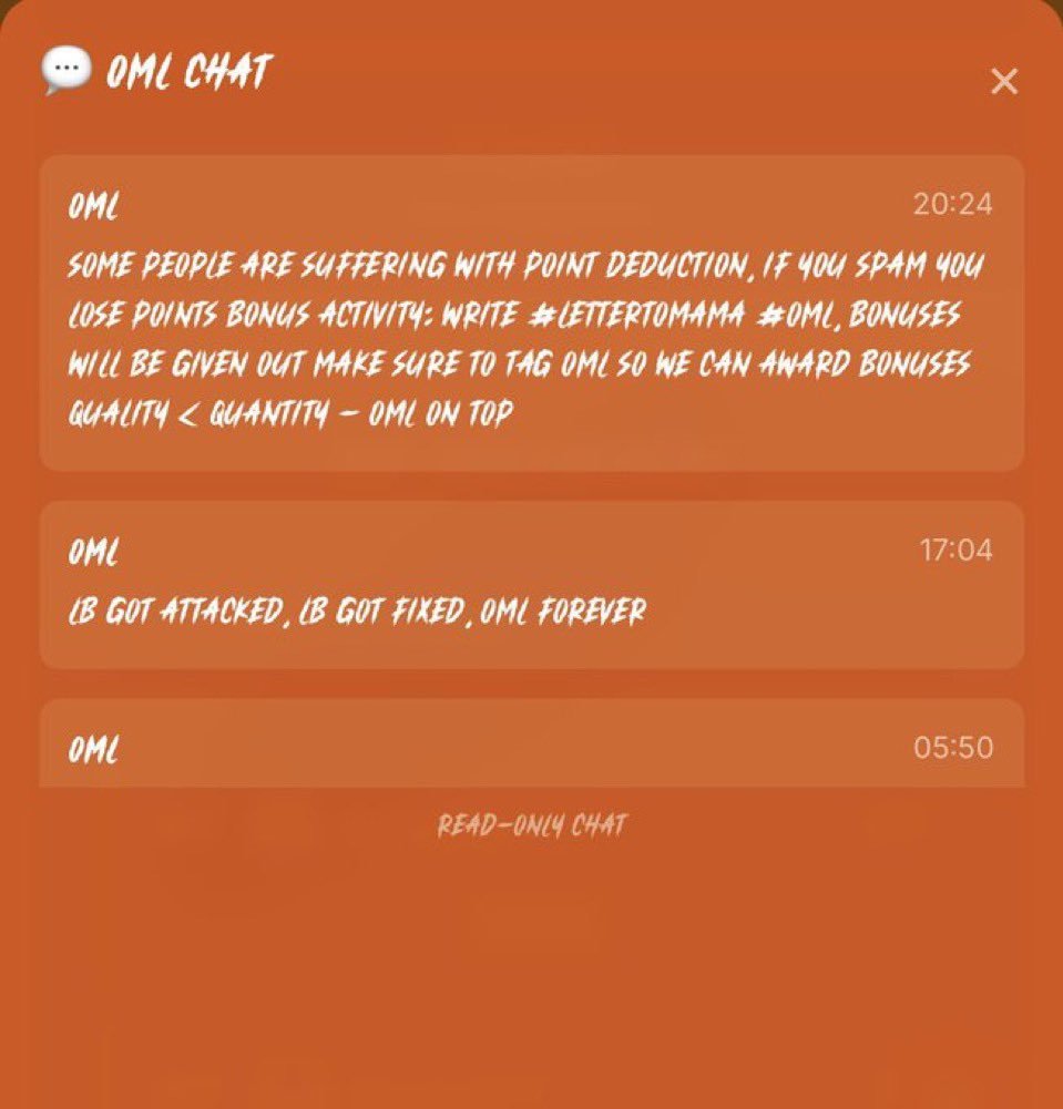 Some new messages from <a href="/__O_M_L__/">OML</a> chat 

the most important thing you need to understand is not to spam 

Quality < Quantity 

Dont forget to earn bonus points by this hashtags #lettertomama #OML