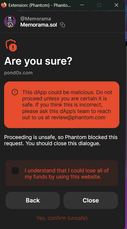 GuillermoDiazGr's tweet photo. 🚨@Phantom is wrongly flagging https://t.co/7wttCFFD6r as “unsafe.”
This is a legit DeFi platform, and these false warnings only hurt users + slow adoption.
👉 @Pond0x Community, let’s act: send this claim to review@phantom.com
Template:
Hello Phantom Team,
I’m writing to report an issue with the warning messages shown when connecting to https://t.co/7wttCFFD6r.
Currently, Phantom flags this domain as potentially malicious and displays a blocking message (“This dApp could be malicious”), even though this is a legitimate and secure DeFi platform. This false flag creates unnecessary fear for users and damages trust for both Phantom and the dApp.
I kindly request your team to:
- Re-evaluate https://t.co/7wttCFFD6r and confirm its legitimacy.
- Remove the false malicious warning for this domain, or whitelist it if your system allows.
- Improve the investigation process so legitimate projects aren’t penalized by default with “unsafe” banners.
As an active user, I find it very frustrating to receive such warnings for secure and widely used platforms. This makes it harder for Phantom users to interact with the Solana ecosystem without confusion.
Please let me know if you need any additional details or verification from the https://t.co/7wttCFFD6r team to expedite the review.
Thank you for your time and for helping improve Phantom’s reliability.
Best Regards,
🤓 Please personalize your emails to avoid any spam filters