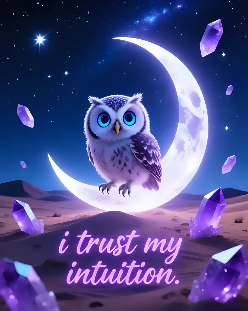Ai Art Prompt Share Party 🎨👇

A curious baby owl with glowing indigo eyes perched on a crescent moon in a starry, moonlit desert, surrounded by floating amethyst crystals. The affirmation 'I trust my intuition' shimmers in cosmic purple script. Surrealist art style, dreamlike