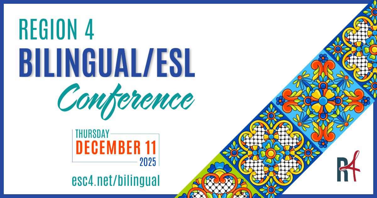 Bring your classroom strategies to the stage.
The Region 4 Multilingual Support team is looking for dynamic presentations for this year's Bilingual/ESL Conference. Proposals are due by Monday, October 6. 

Learn more and submit your proposal here: bit.ly/R4MLS-BESLCon2…