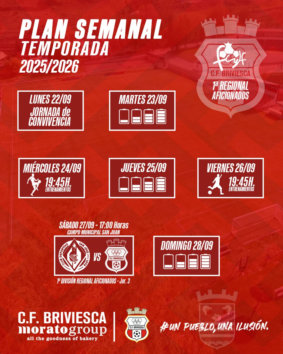 🗓𝗣𝗟𝗔𝗡 𝗦𝗘𝗠𝗔𝗡𝗔𝗟 | #SanJoseBriviesca
✅Este es nuestro plan semanal para visitar tierras sorianas, después de un derbi vibrante donde claramente nos merecimos la victoria después de haber puesto el buen fútbol 
🪫A cargar las pilas chavales🔋
#AupaBrivi❤🤍#VamosRojillos