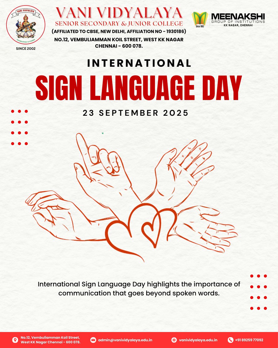 vani_vidyalaya's tweet image. Celebrating International Sign Language Day – honoring the power of communication beyond words.
#InternationalSignLanguageDay #SignLanguageDay #SignLanguageAwareness
#InclusionMatters #BeyondWords #CommunicationForAll #InclusiveEducation #VaniVidyalaya #BestCBSESchool