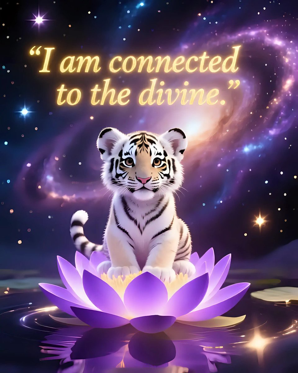 Ai Art Prompt Share Party 🎨👇

A radiant baby white tiger cub perched on a glowing violet lotus in a cosmic galaxy, with stars and nebulae swirling around. The affirmation 'I am connected to the divine' sparkles in golden, ethereal text. 3D digital render, luminous and