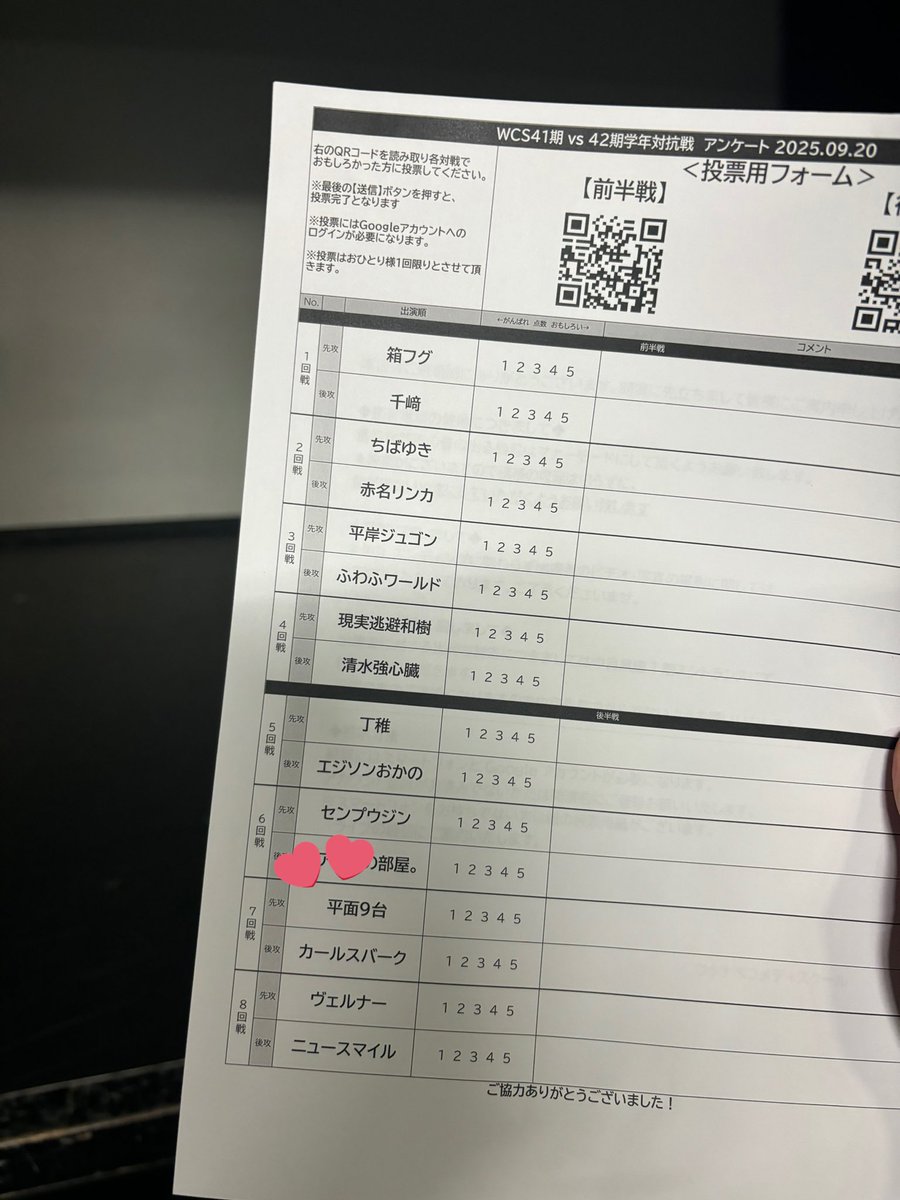 __41H9__'s tweet photo. 2025.9.20(Sat)
WCS41期vs42期学年対抗戦

またまた平面勝ったし41期も勝てて幸せすぎたライブ☺️❣️
ネタは久しぶりに路上ミュージシャンのやつだった🎶
けんやくん���歌が上手すぎる🥹✨
これが最後の中目黒になるかもしれないと思うと寂しいなあ、、、好きになってから卒業まであっという間だった🥲 https://t.co/tlA2U72OyS