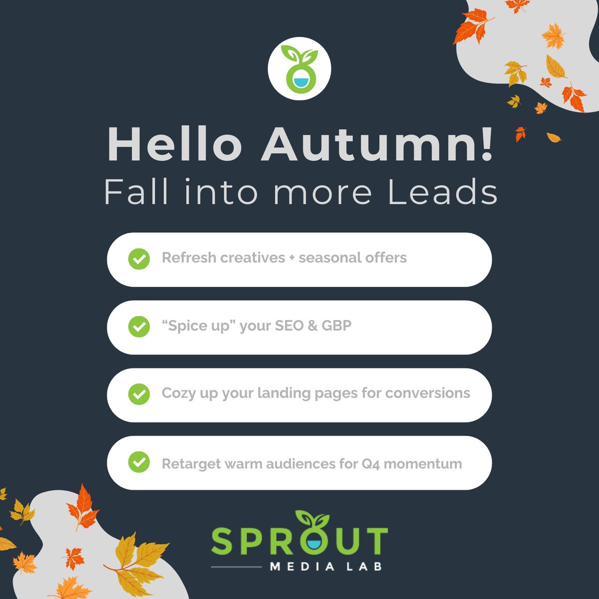SproutMediaLab's tweet photo. 🍁🍂 Hello, Autumn! 🍂🍁
The first day of fall has us feeling pumpkin-spiced and performance-focused. 🎃📈Ready to fall into more leads this season?

Let’s build your Q4 game plan together, call us at: (800) 617-6975. 🌱 https://t.co/OUrSeXggIc

#SproutMediaLab https://t.co/pqC7xY1Ovs