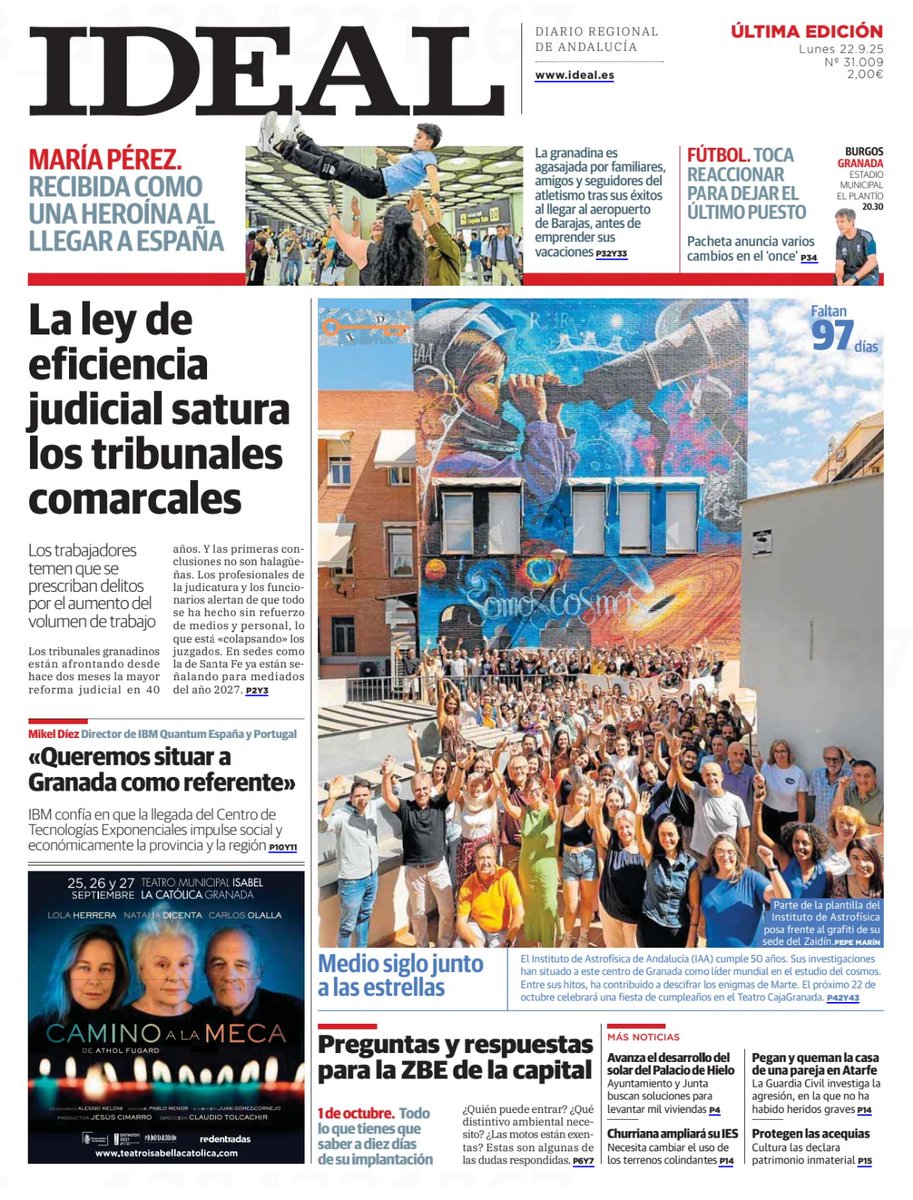 Y para cerrar un día redondo, ¡HOY HEMOS SIDO LA PORTADA DEL <a href="/ideal_granada/">ideal_granada</a>! 🤩

🌟 Granada, la ciudad que está más cerca del cielo 🌟
✒️ Jorge Pastor

Os dejamos el enlace al reportaje y fotografías del periódico en papel.

ideal.es/culturas/grana…