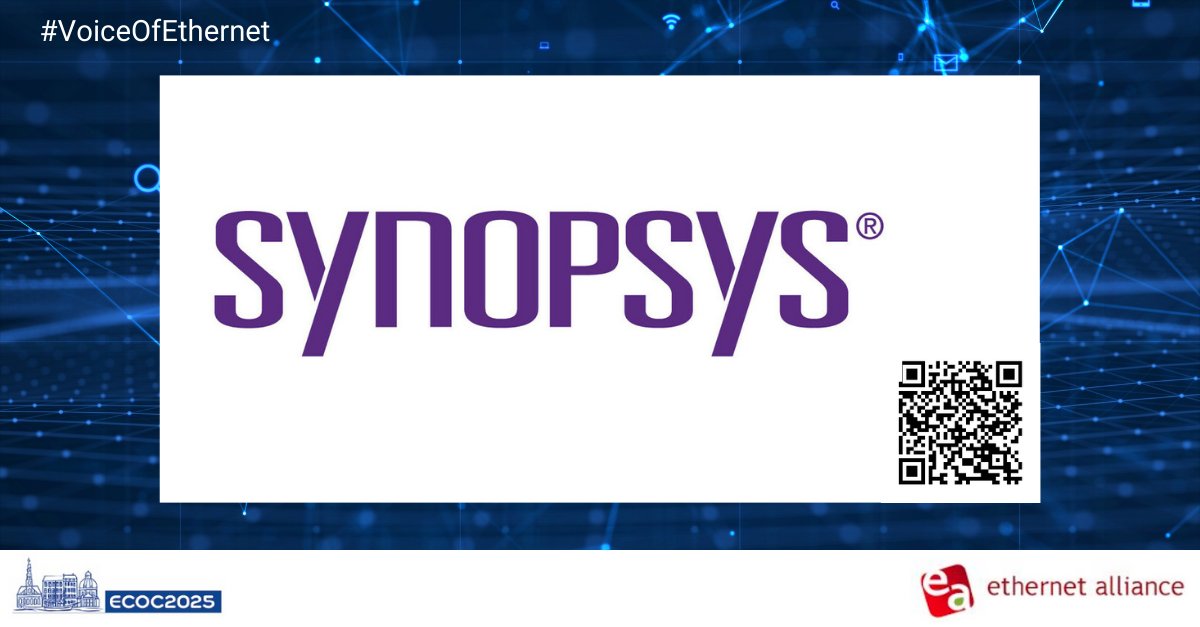 EthernetAllianc's tweet photo. We are so excited for @Synopsys to participate in our #ECOC2025 multi-vendor interoperability demo! See what they're all about before the show at https://t.co/MEmMRxqvWx, and visit them at @EthernetAllianc booth C1419 at #ECOC. #Ethernet #VoiceOfEthernet https://t.co/CakdibUaMe